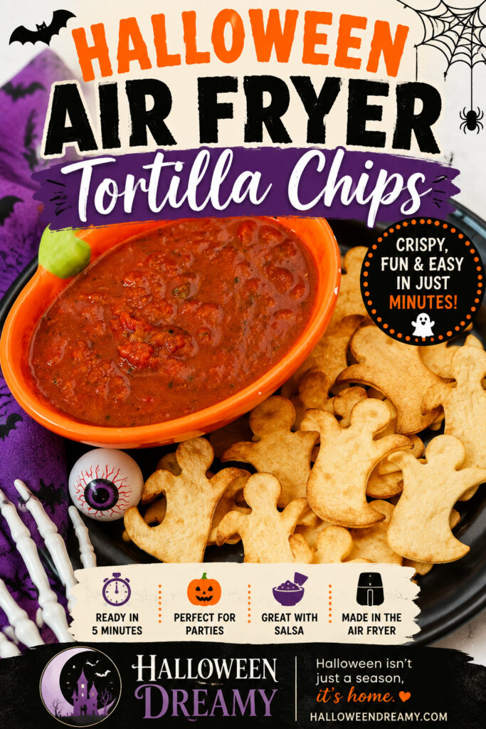 Halloween Air Fryer Tortilla Chips cut into ghost shapes and served with salsa in an orange pumpkin bowl.