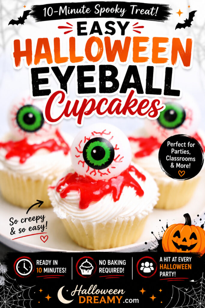 Easy Halloween Eyeball Cupcakes topped with white frosting, red icing drips, and spooky green eyeballs, perfect for Halloween parties and dessert tables.