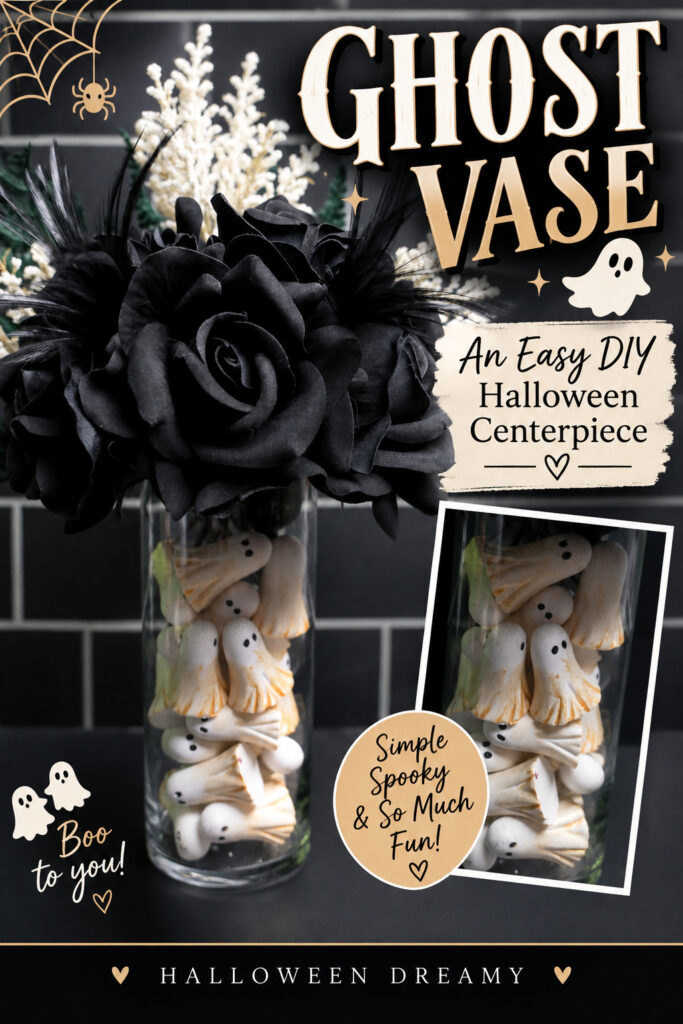 Ghost Vase Pinterest pin featuring a DIY Halloween centerpiece filled with tiny ghosts and topped with black roses, white florals, greenery, and feathers.