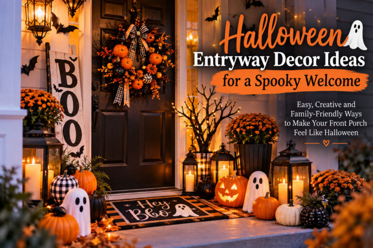 Halloween entryway decor with pumpkins, ghosts, lanterns, and seasonal decorations around a front door