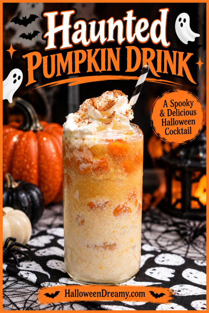 Haunted Pumpkin Drink topped with whipped cream and pumpkin spice on a Halloween table with pumpkins, ghosts, and spooky decorations