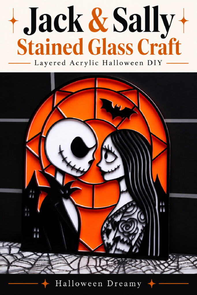 Halloween Dreamy Pinterest graphic featuring an orange, black, and white Jack and Sally decoration with the text “Jack & Sally Stained Glass Craft.”