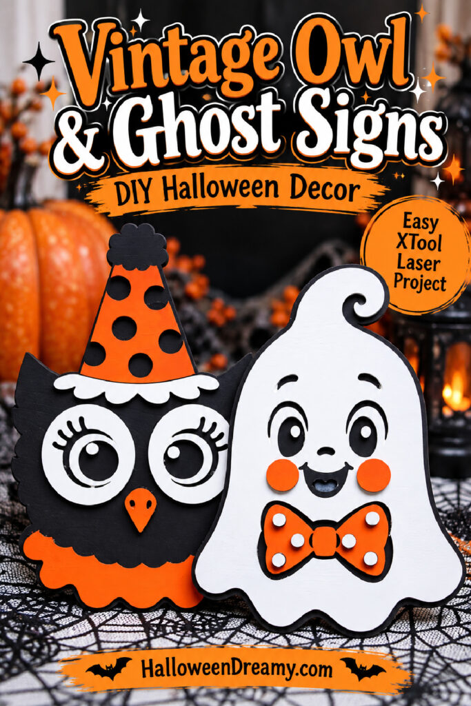 Handmade Vintage Owl and Ghost Signs for Halloween with nostalgic orange and black designs.